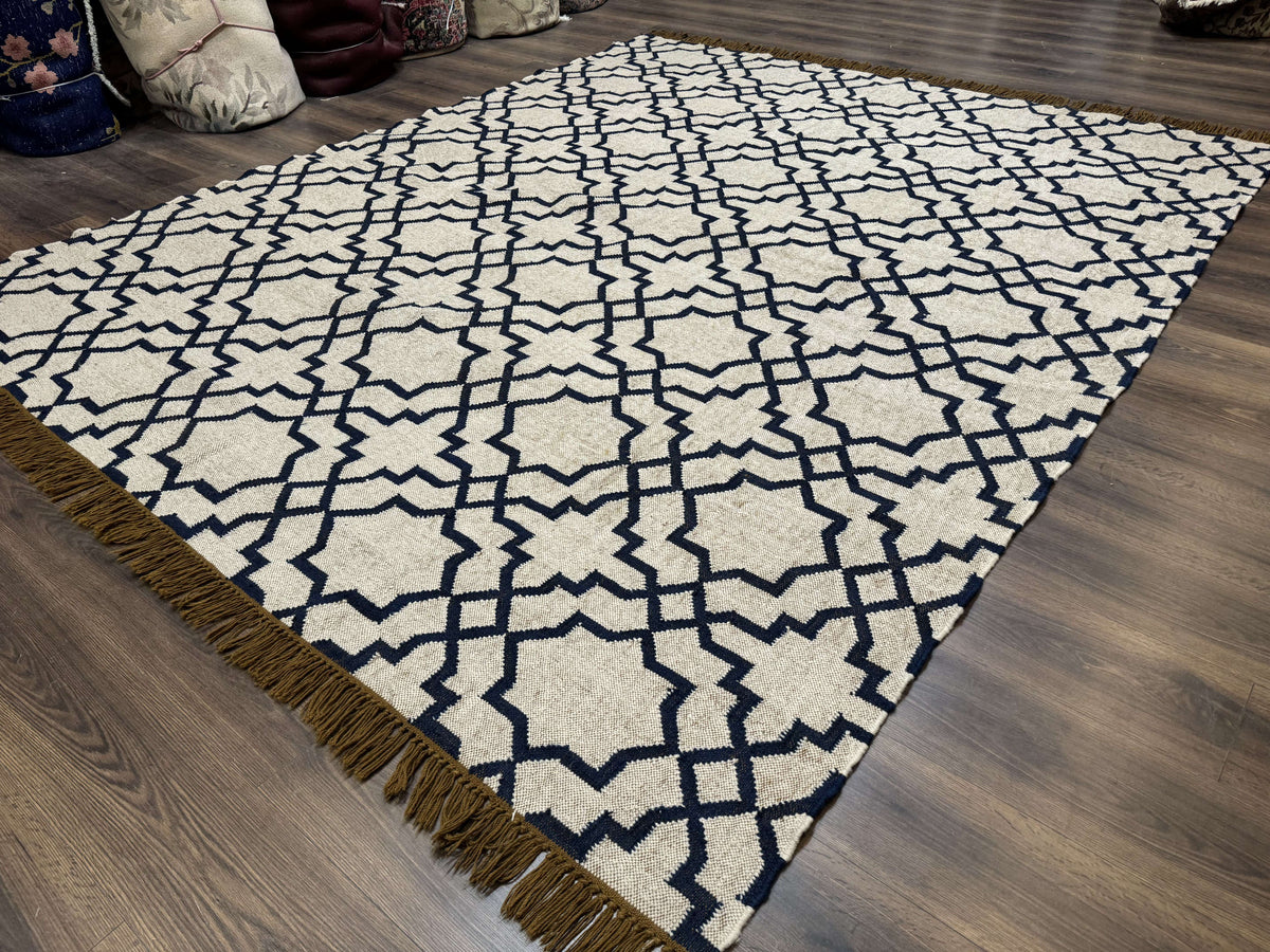 Indian Kilim Rug – Oat & Navy
