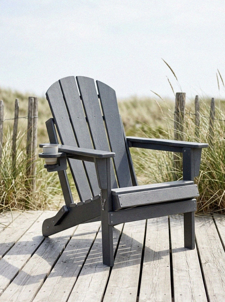 HDPE Folding Adirondack Chair with Dual Cup Holder - Gray