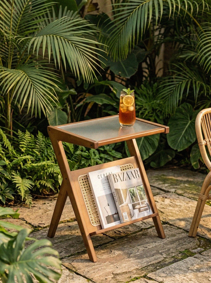 Boho End Table with Magazine Rack and Tempered Glass Top