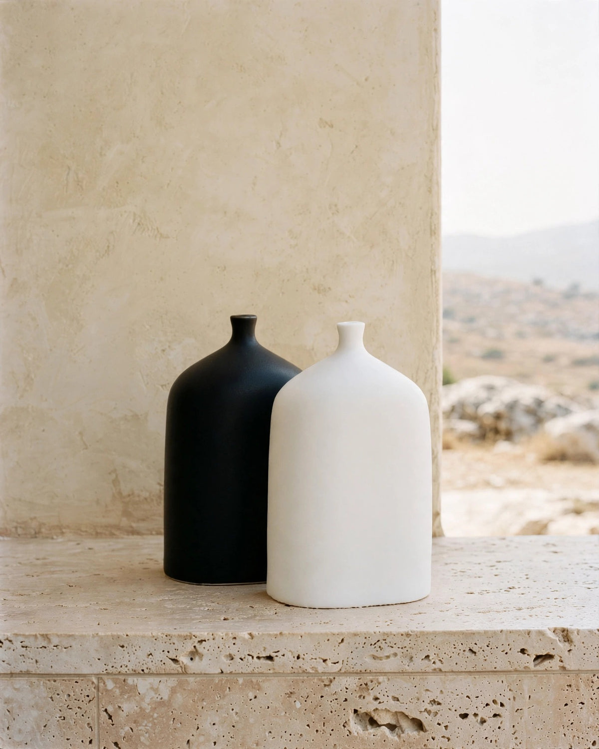 Black and white ceramic bud vase duo in organic modern interior, soft daylight, symmetrical product shot