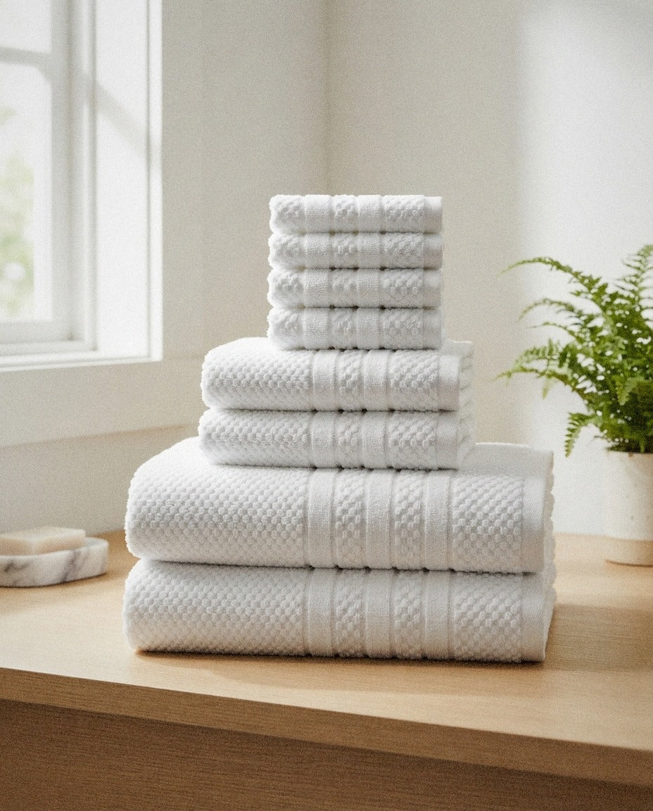 Giuliana Checkered Bath Towel Set styled in a bright organic modern bathroom