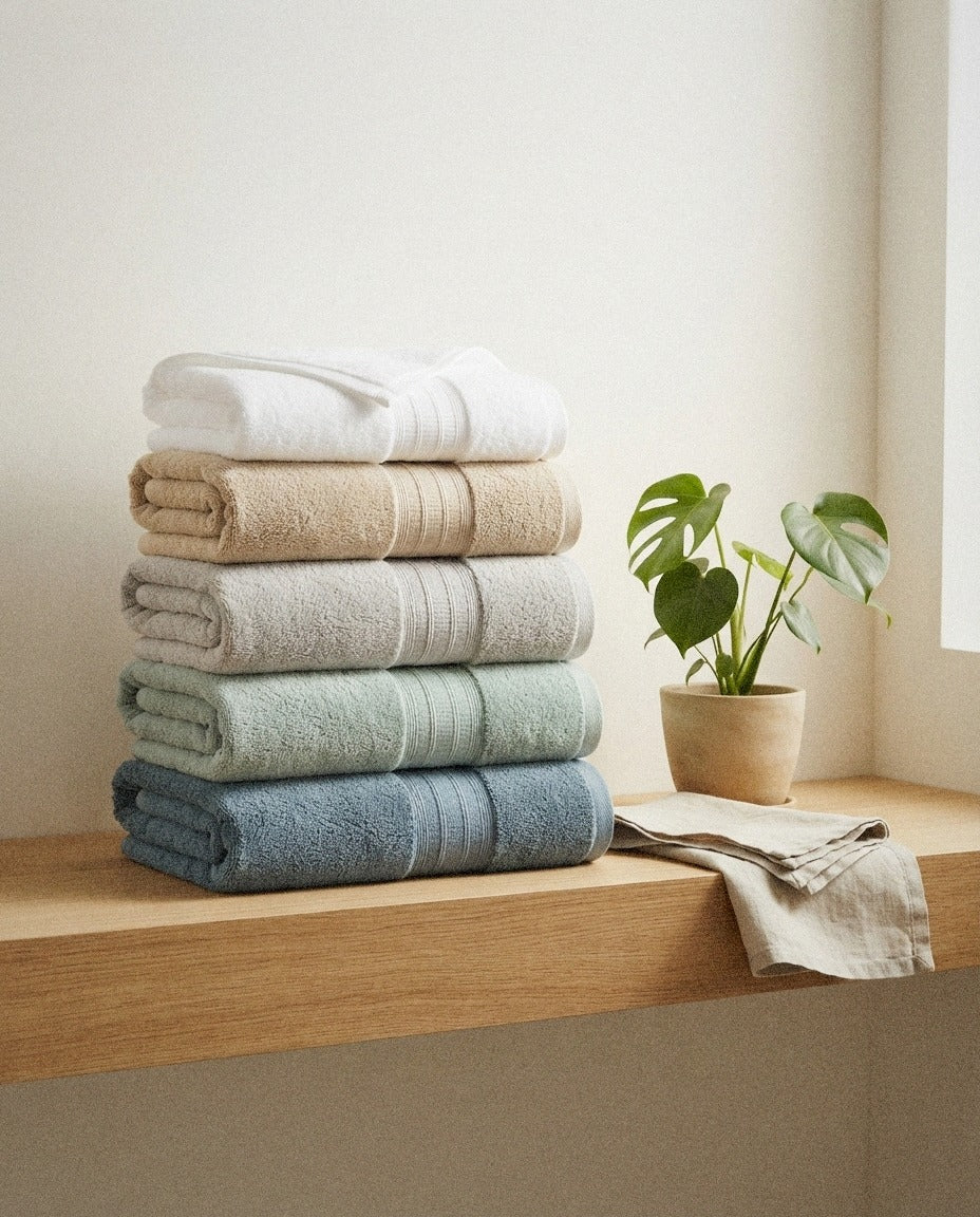Chiara Premium Bath Towel Set detail in a warm minimalist bathroom