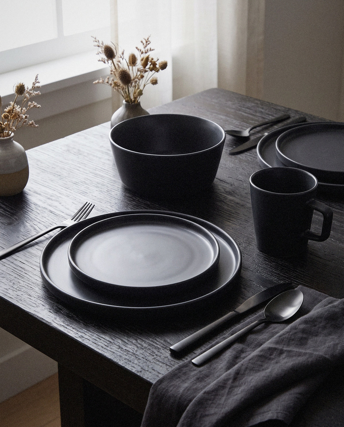 Matte Black Stoneware Dinnerware Set - Curora Home