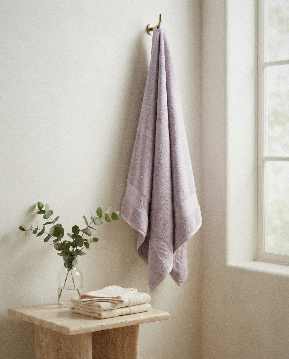 Australian Cotton Towels detail in a warm minimalist bathroom