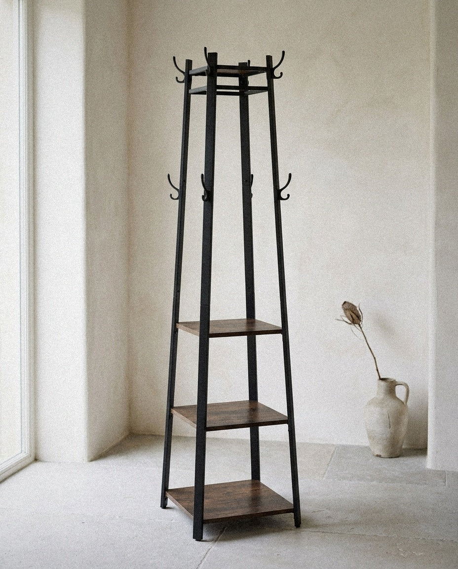 Black Metal Hall Tree with Shelves in a light organic modern interior
