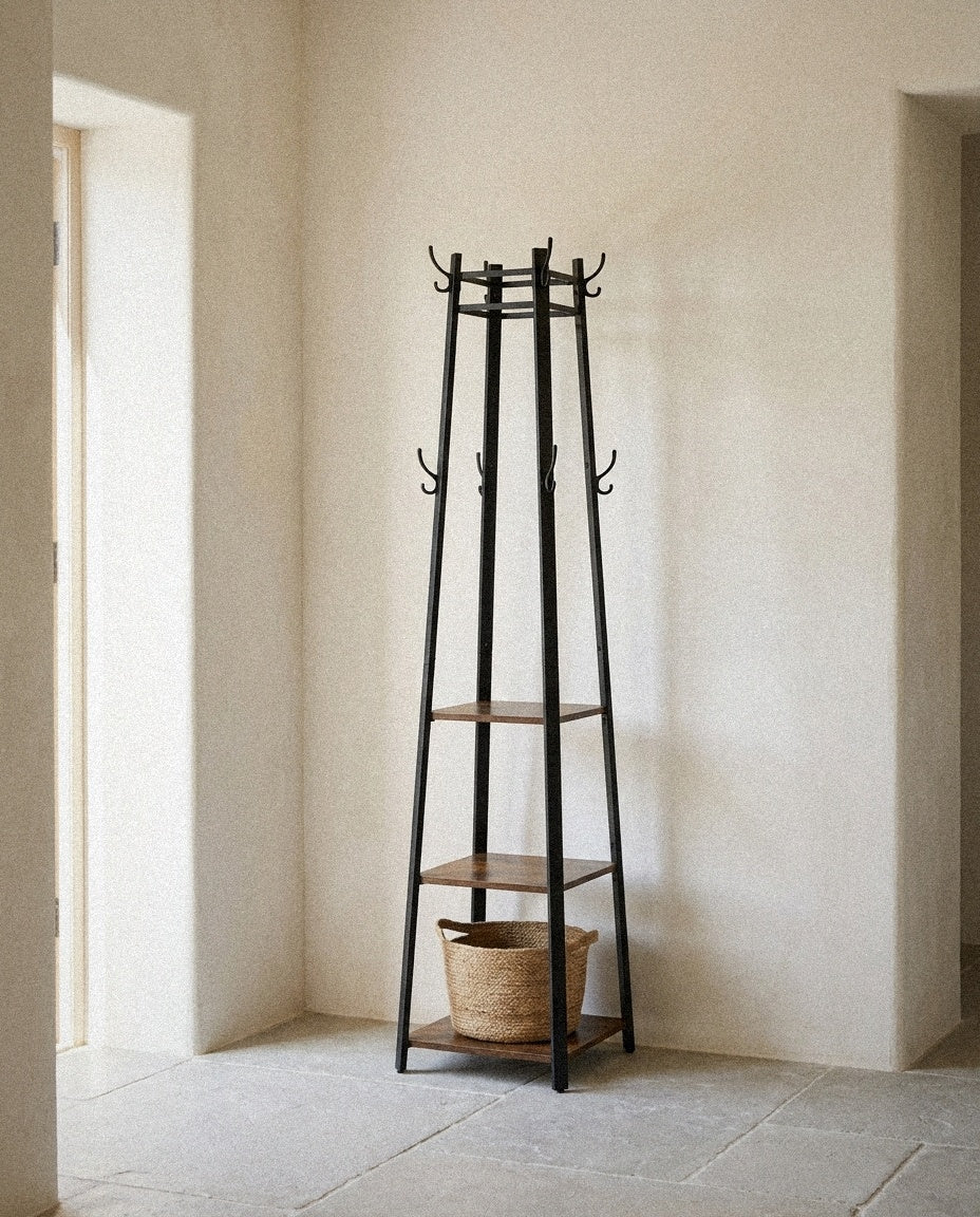 Black Metal Hall Tree with Shelves styled in a minimal, sunlit room