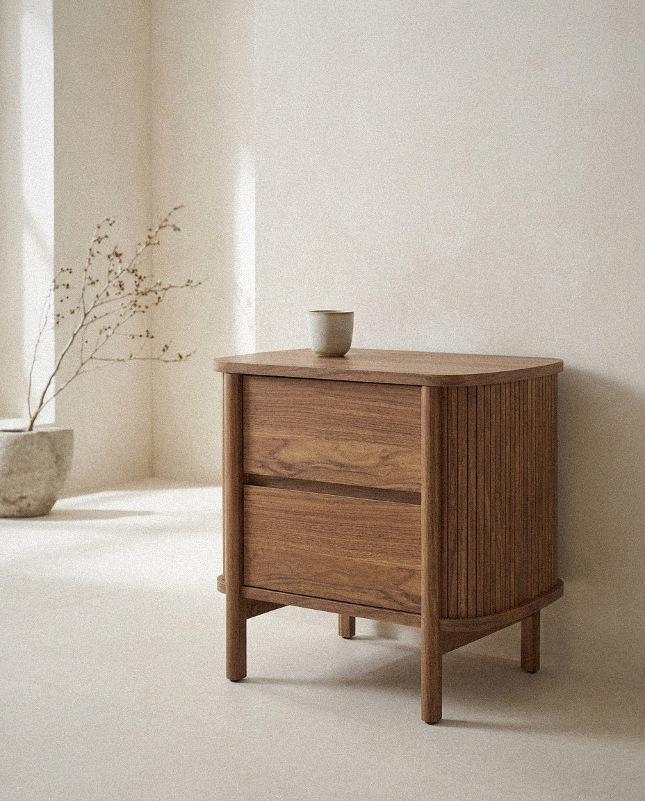 Cadence 2-Drawer Nightstand styled in a minimal, sunlit room