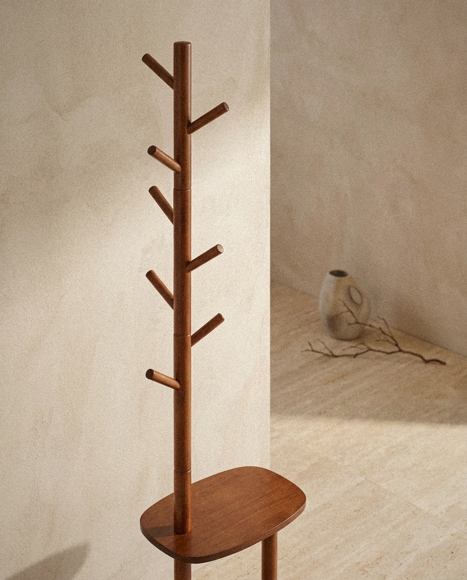 Close-up of Coat Rack with 8 Hooks and 2 Shelves - Walnut Rubber Wood showing material and construction