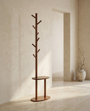 Coat Rack with 8 Hooks and 2 Shelves - Walnut Rubber Wood in a light organic modern interior