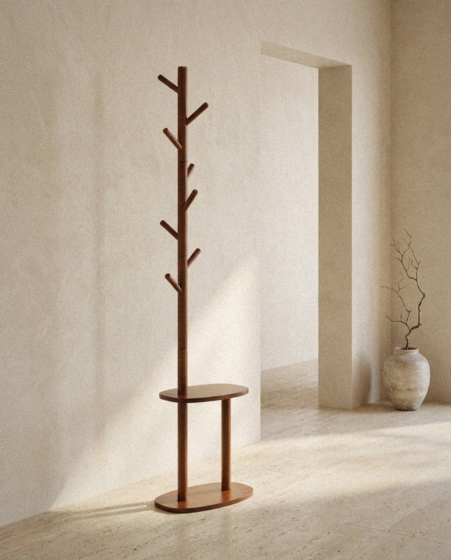 Coat Rack with 8 Hooks and 2 Shelves - Walnut Rubber Wood in a light organic modern interior