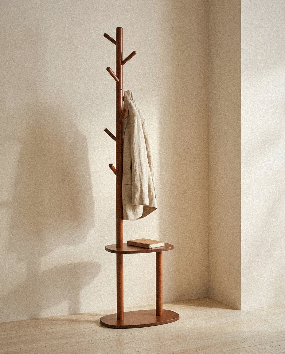 Coat Rack with 8 Hooks and 2 Shelves - Walnut Rubber Wood styled in a minimal, sunlit room