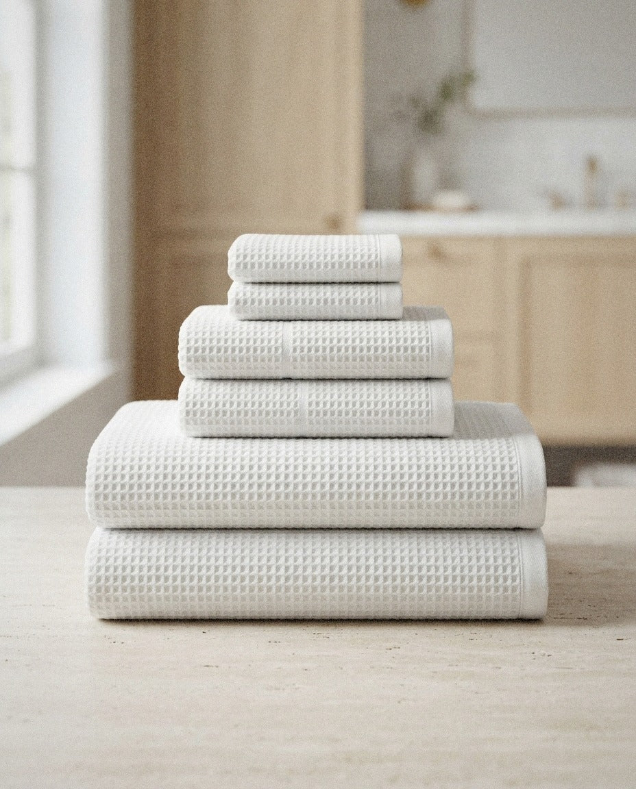 Grayson Waffle Bath Towel Set styled in a bright organic modern bathroom
