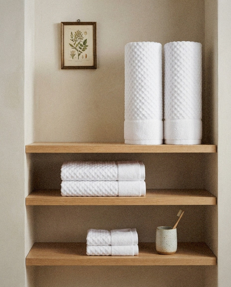 Grayson Waffle Bath Towel Set in a calm spa style bathroom setting