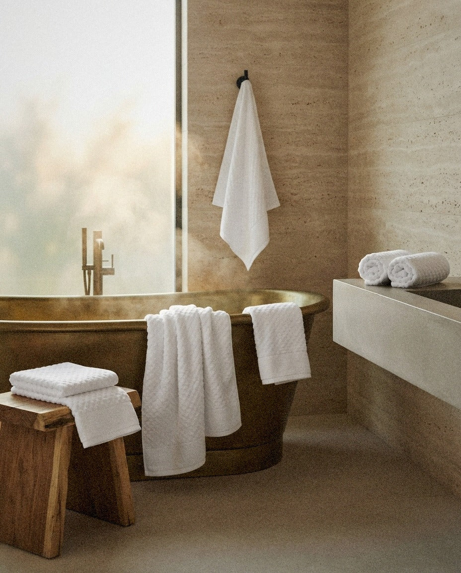 Grayson Waffle Bath Towel Set detail in a warm minimalist bathroom