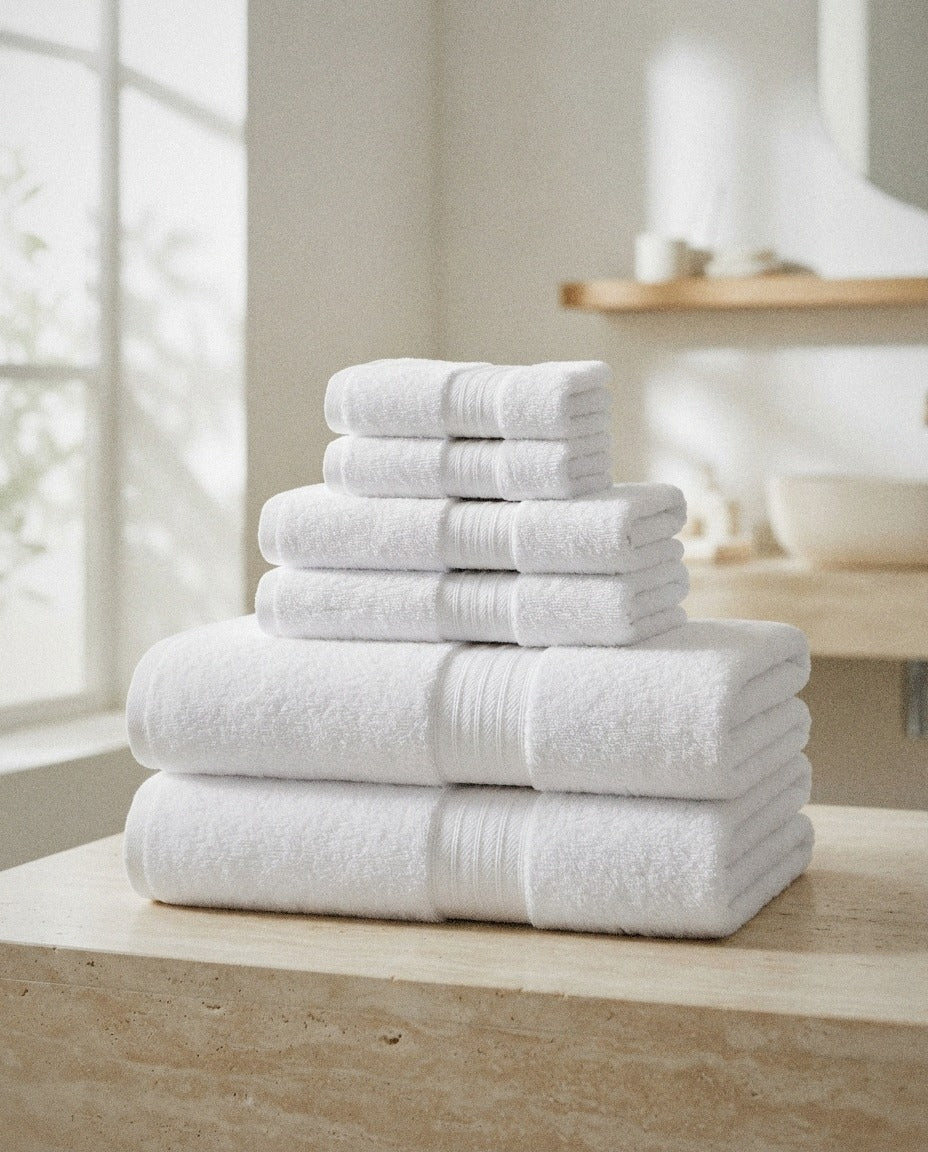 Cooper Terry Bath Towel Set styled in a bright organic modern bathroom