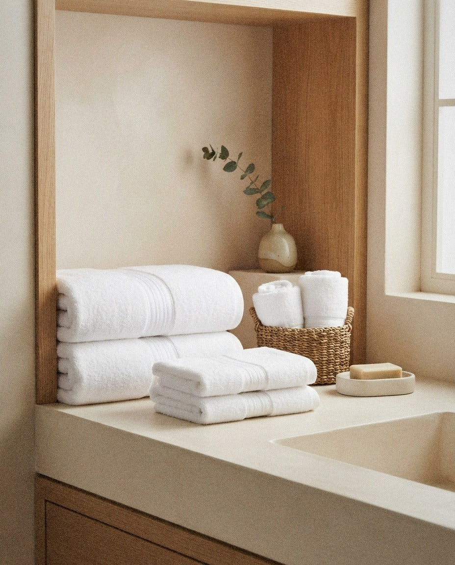 Cooper Terry Bath Towel Set in a calm spa style bathroom setting