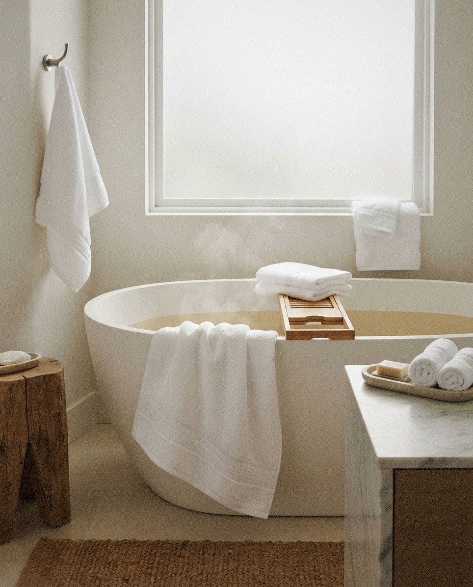Cooper Terry Bath Towel Set detail in a warm minimalist bathroom