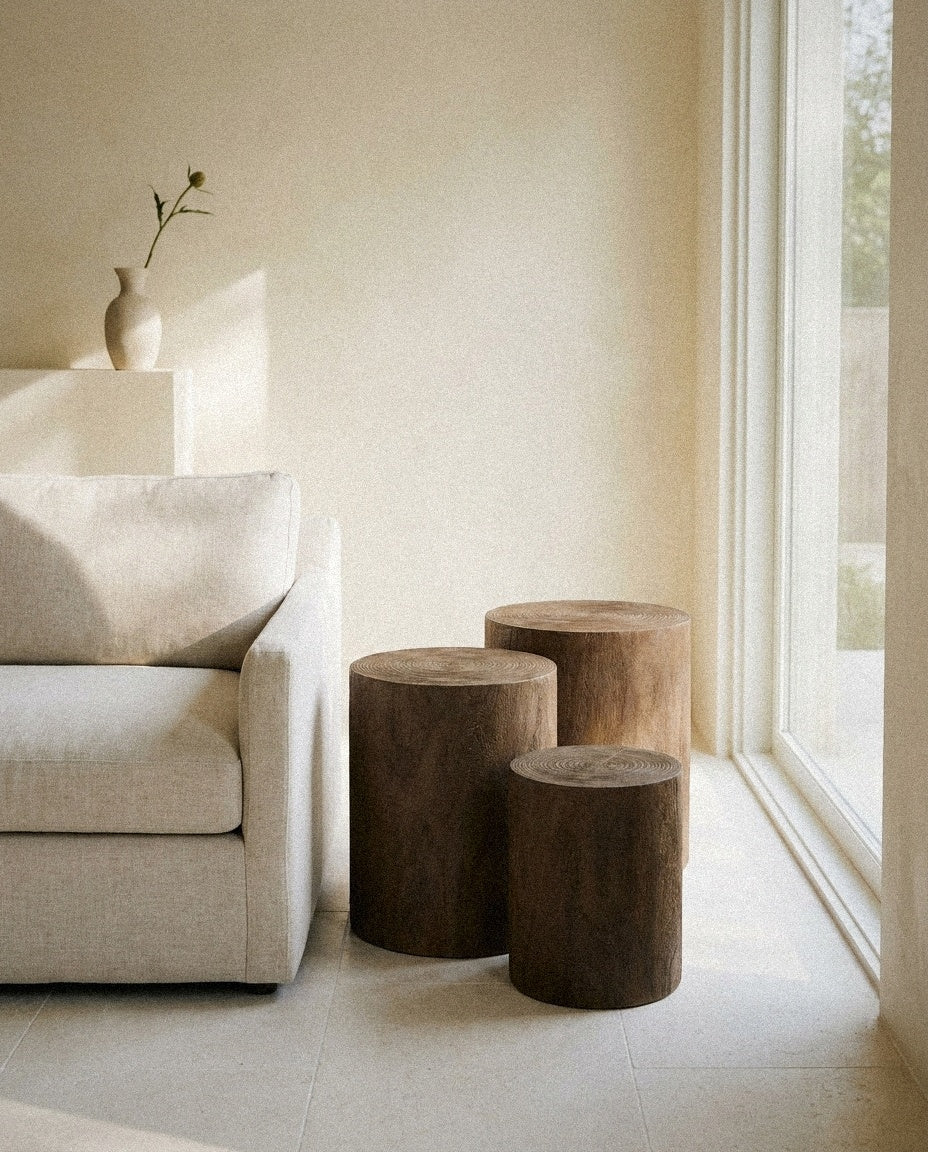 Cylinder Nesting Tables (Set of 3) styled in a minimal, sunlit room