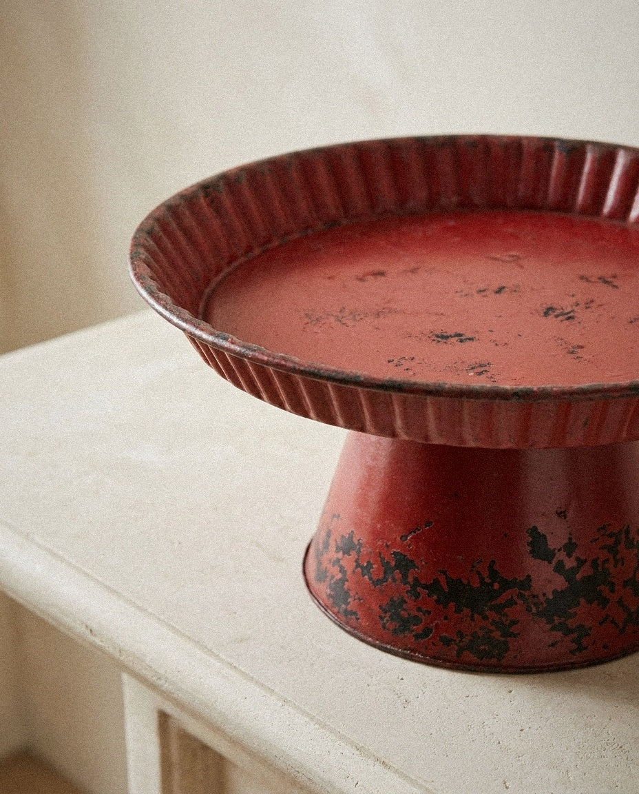 Close-up of Decorative Metal Pedestals -Distressed Red Finish showing material and construction