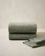 Deia Cotton Bath Towels styled in a bright organic modern bathroom