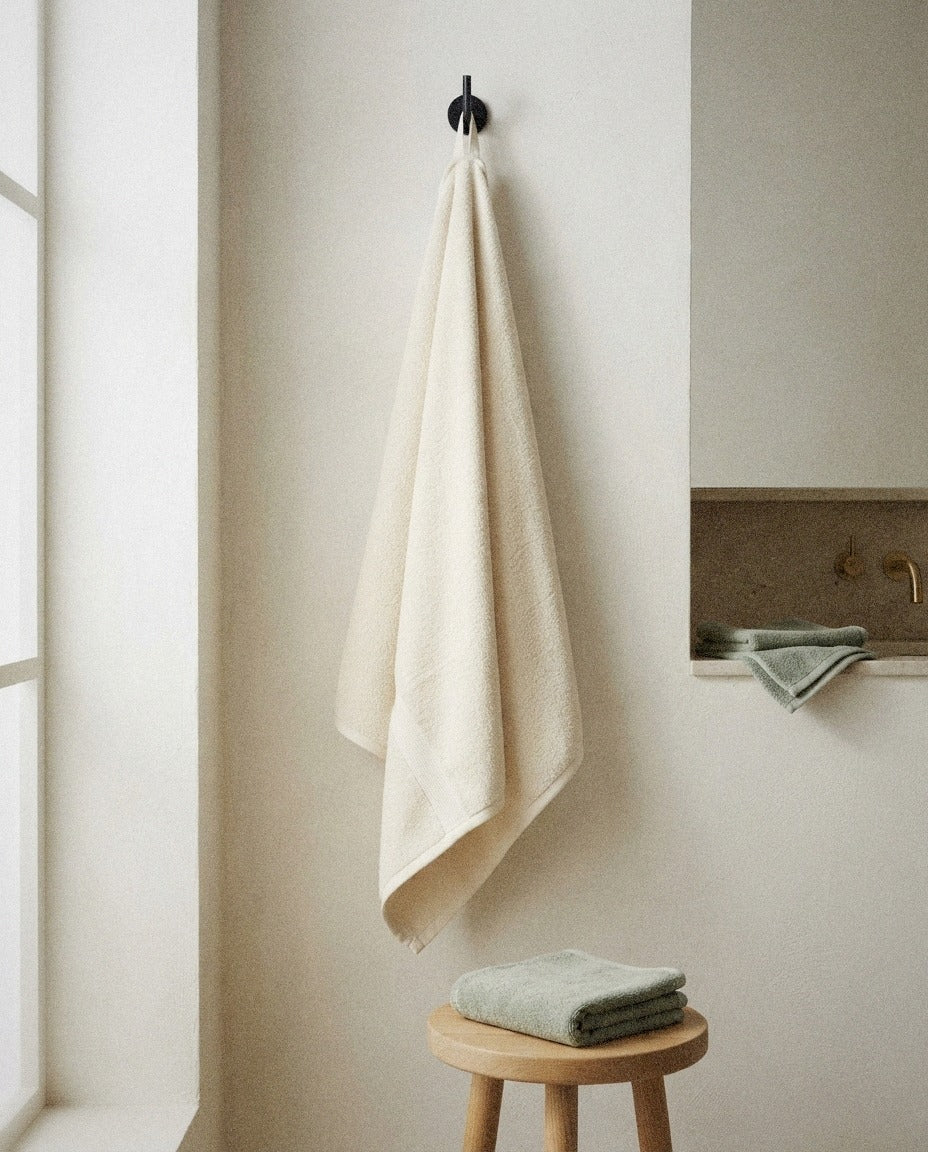 Deia Cotton Bath Towels detail in a warm minimalist bathroom