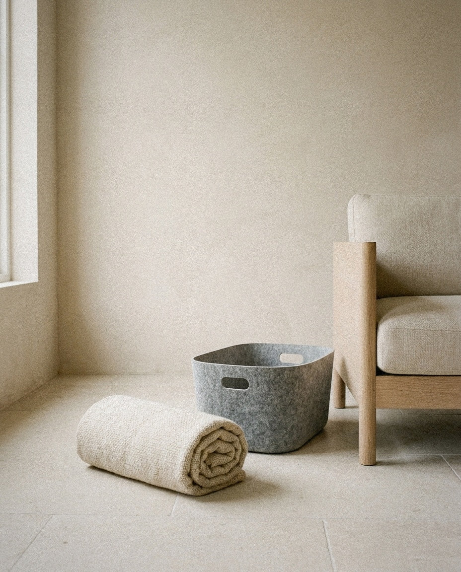 Eco Felt Bin styled in a minimal, sunlit room