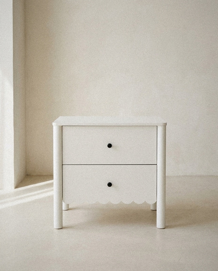 Emmeline Scalloped Nightstand in a light organic modern interior