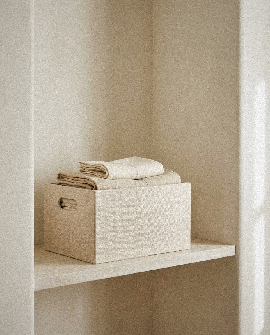 Fabric Bin styled in a minimal, sunlit room