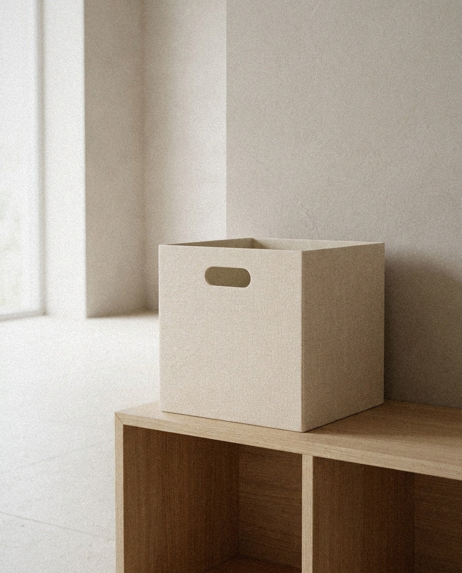 Fabric Cube Bin in a light organic modern interior