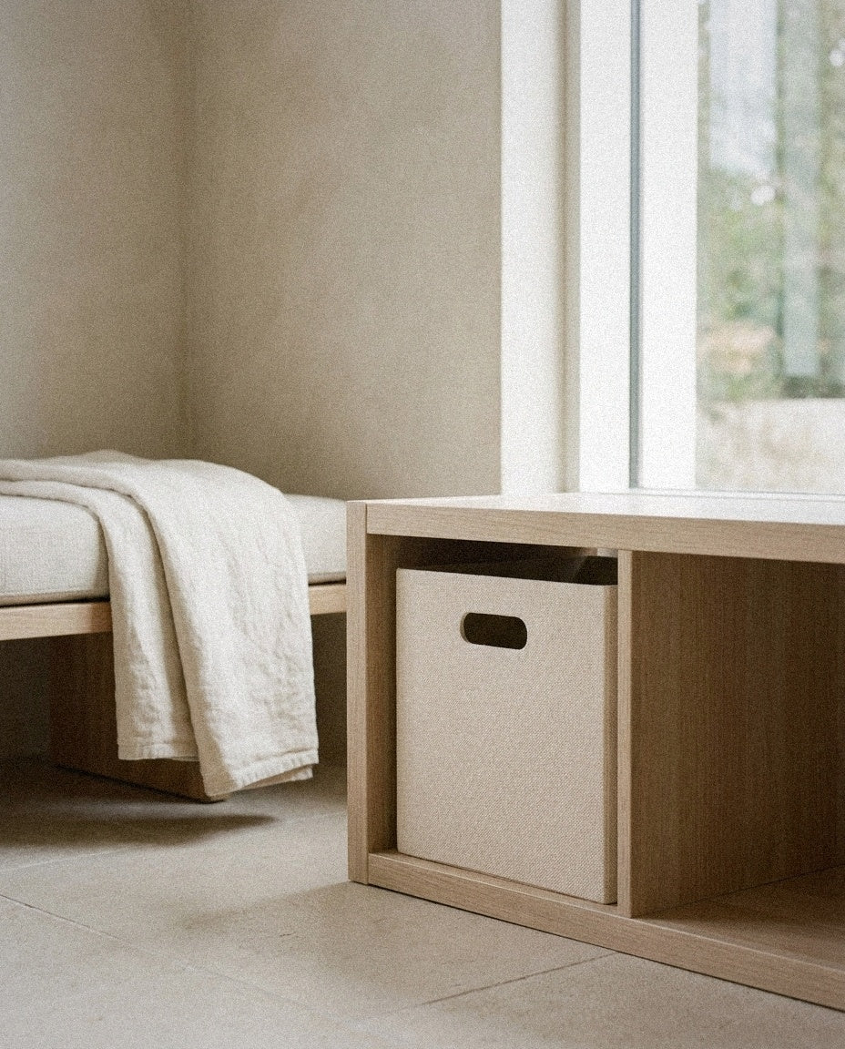 Fabric Cube Bin styled in a minimal, sunlit room