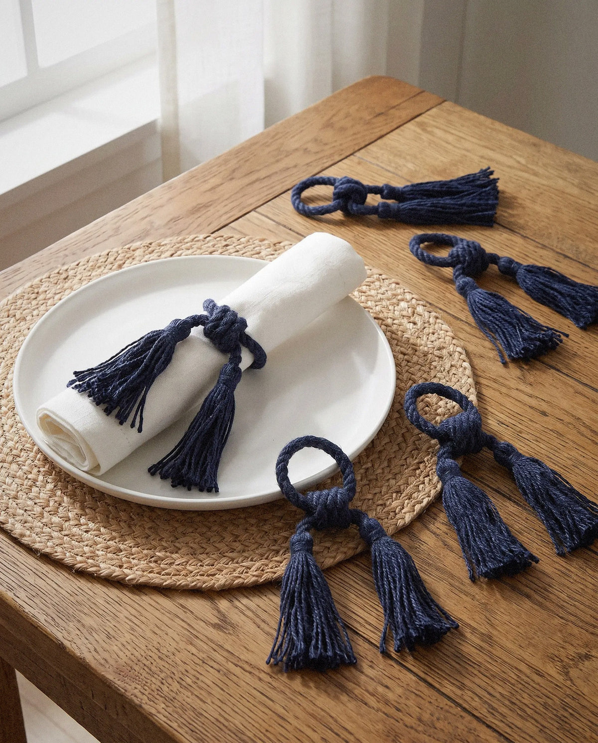 Navy Jute Tassel Napkin Rings, Set of 4 - Curora Home