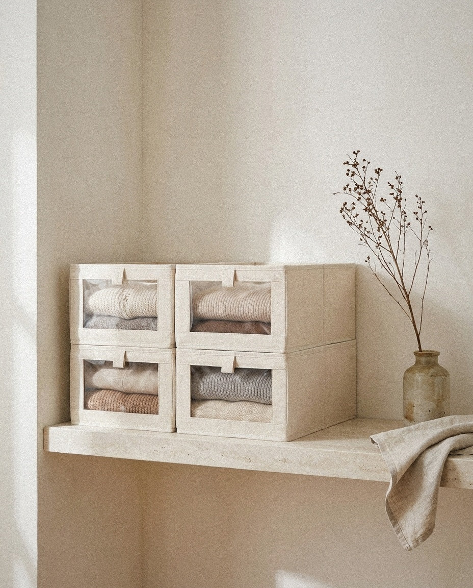 Foldable Linen Storage Bins – 4 Piece styled in a minimal, sunlit room