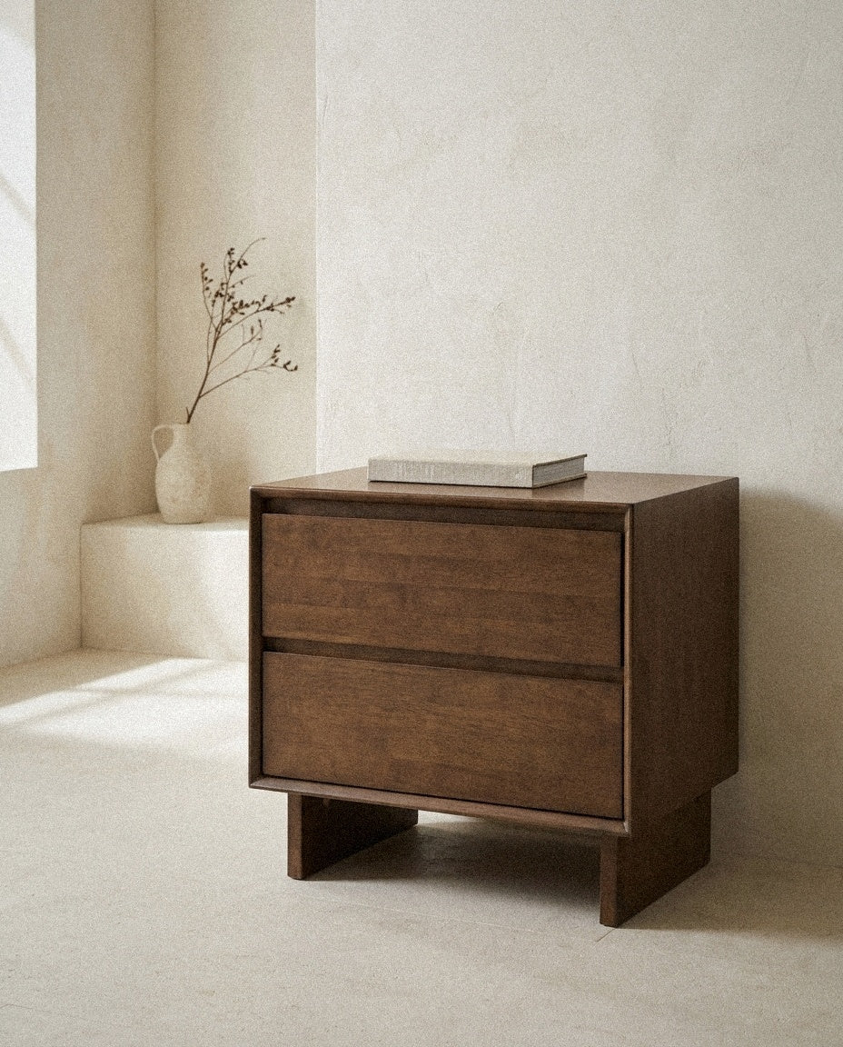 Glenwood 2-Drawer Nightstand styled in a minimal, sunlit room