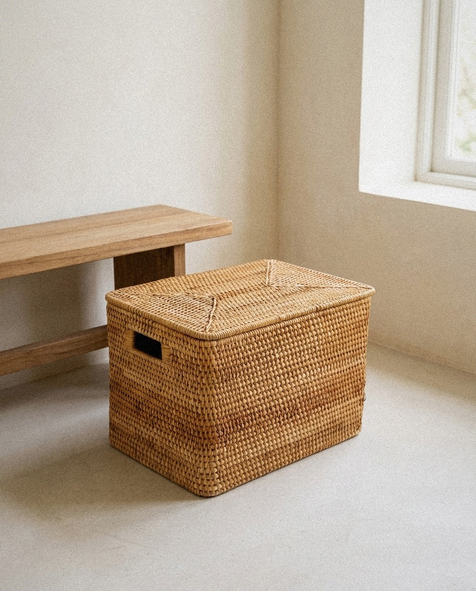 Handmade Vietnamese Rattan Storage Basket – Natural Organizer in a light organic modern interior