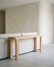 Long Narrow Console Table in a light organic modern interior