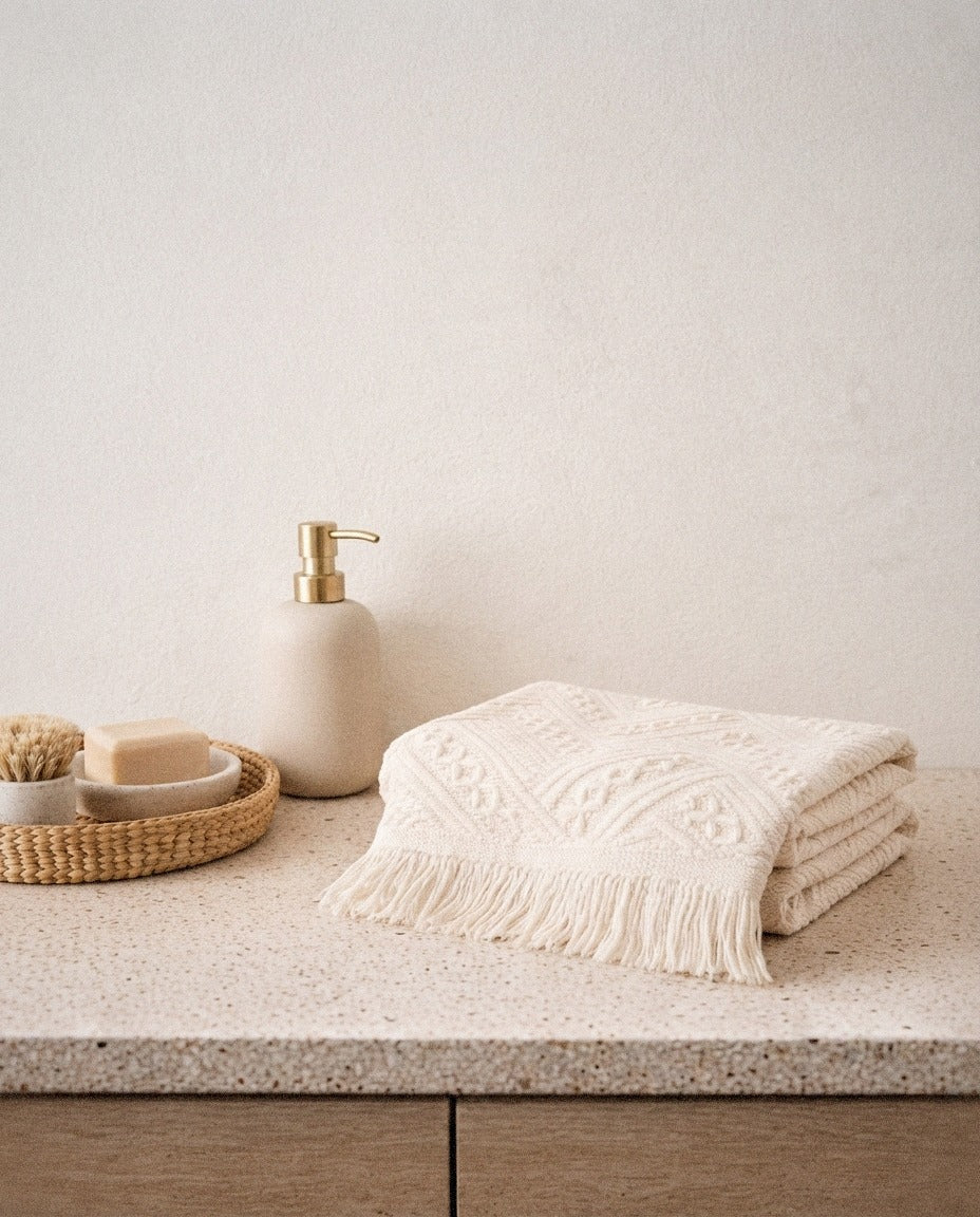 Luma Turkish Hand Towels in a calm spa style bathroom setting