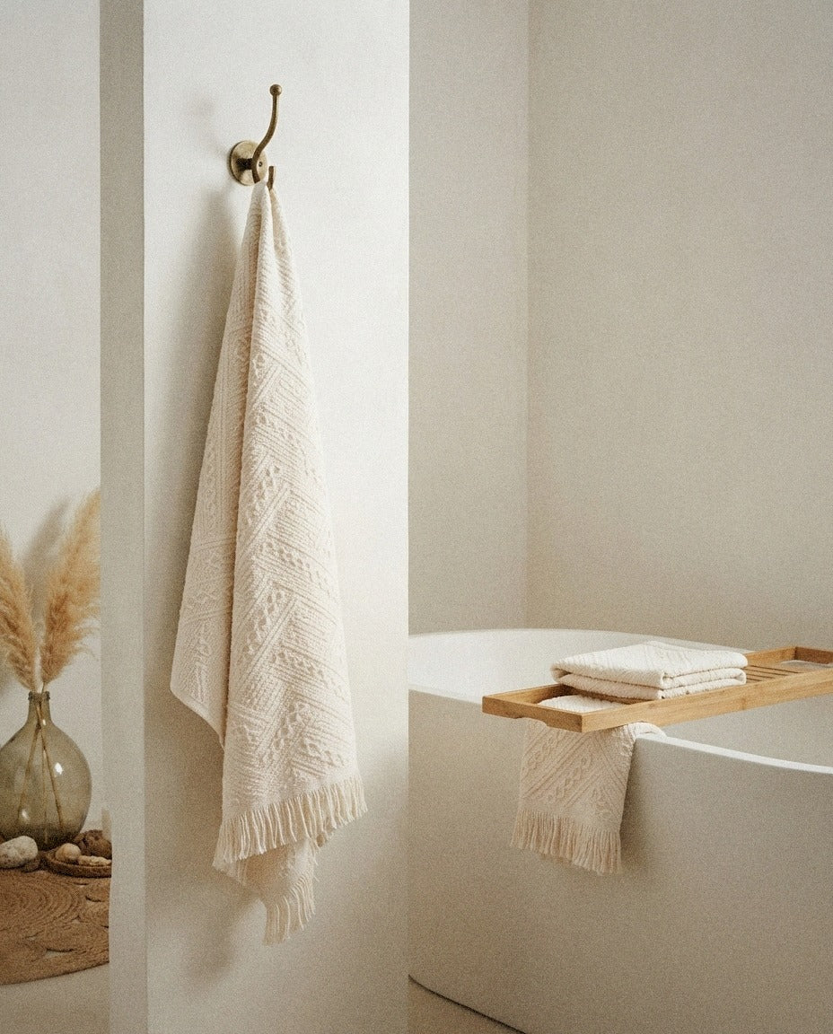 Luma Turkish Hand Towels detail in a warm minimalist bathroom