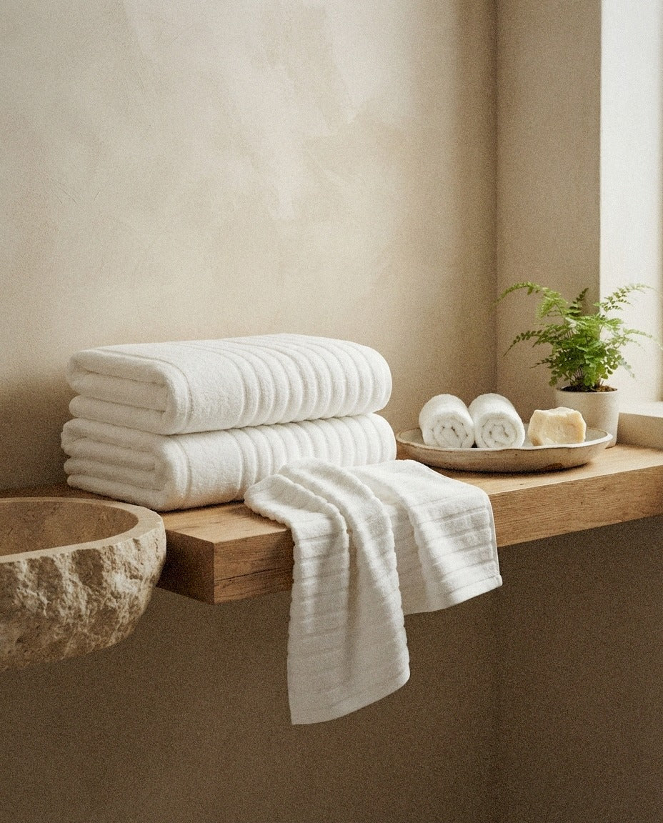 Karina Combed Cotton Bath Towel Set in a calm spa style bathroom setting