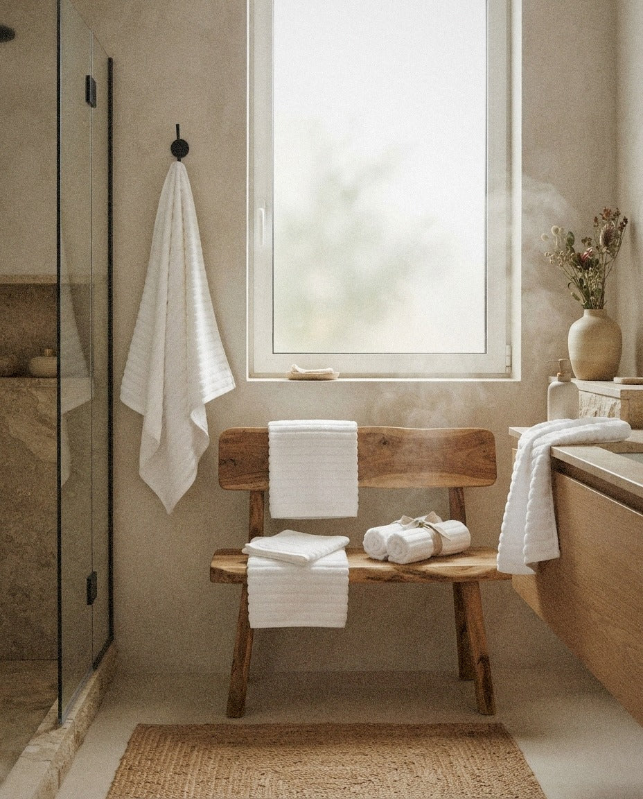 Karina Combed Cotton Bath Towel Set detail in a warm minimalist bathroom