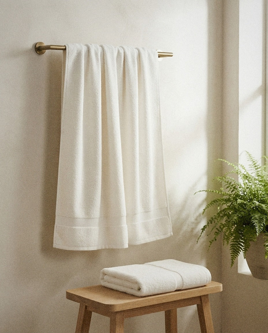 Organic Bath Sheets – 2 Pack detail in a warm minimalist bathroom