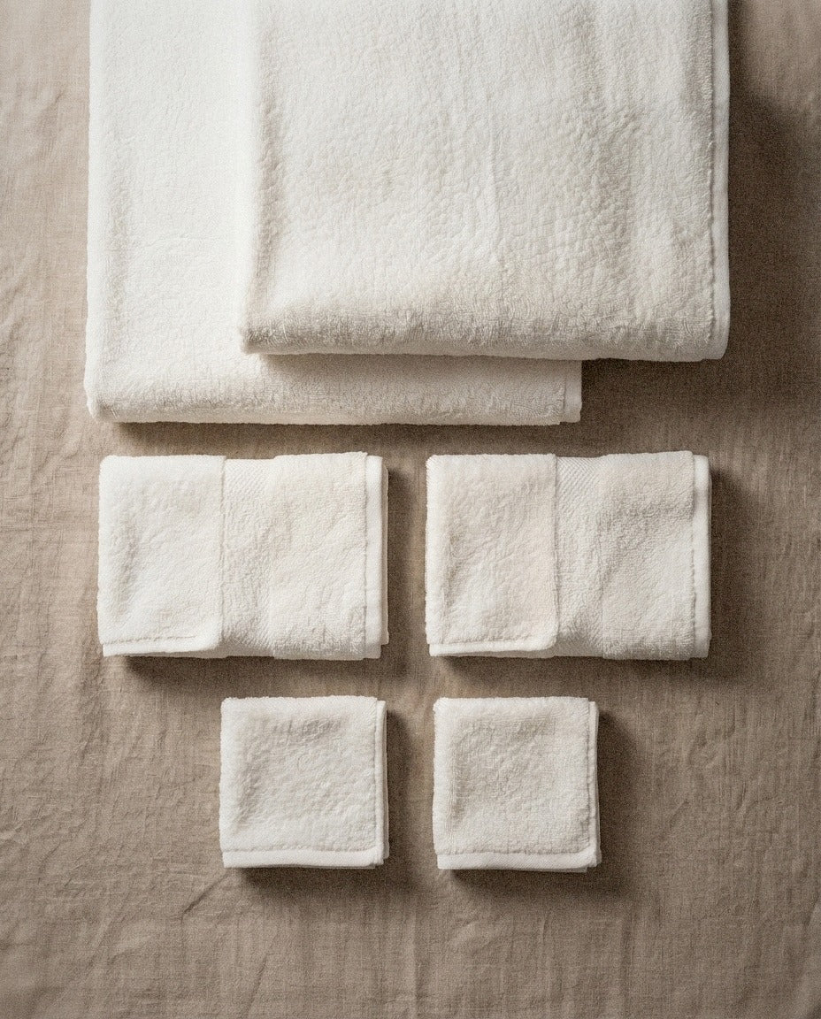 Organic 6-Piece Bath Towel Set styled in a bright organic modern bathroom