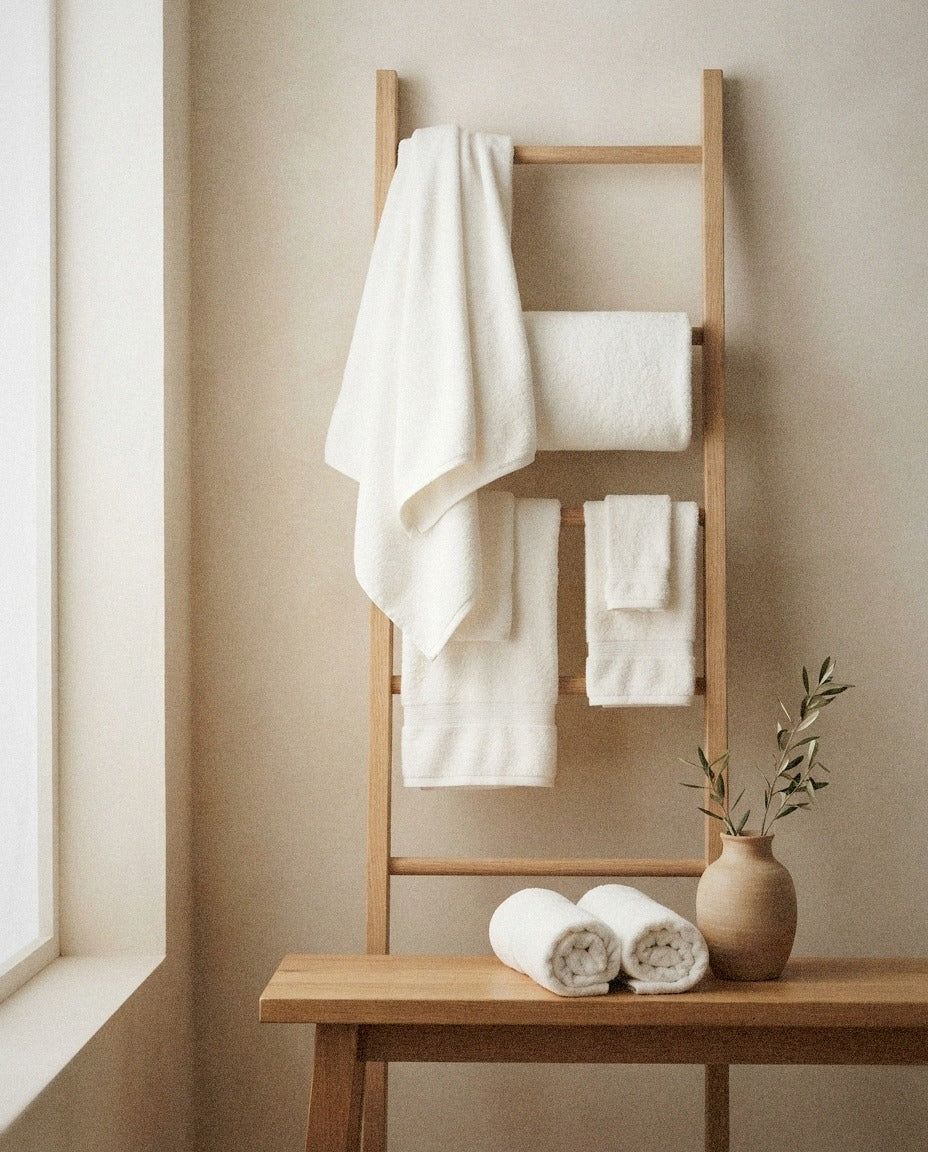 Organic 6-Piece Bath Towel Set in a calm spa style bathroom setting