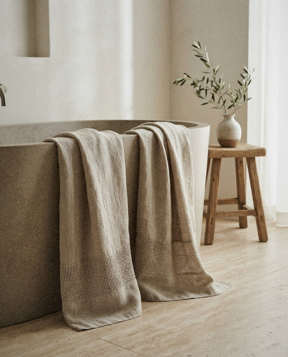 Marena Linen Bath Towel Set in a calm spa style bathroom setting