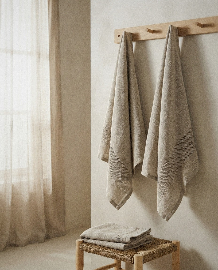 Marena Linen Bath Towel Set detail in a warm minimalist bathroom