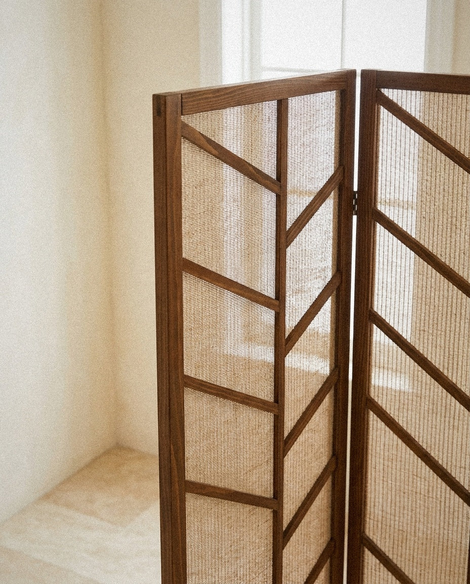 Close-up of Mila 3-Panel Room Divider Folding Shoji Screen Walnut showing material and construction