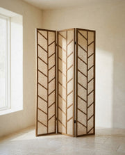 Mila 3-Panel Room Divider Folding Shoji Screen Walnut in a light organic modern interior