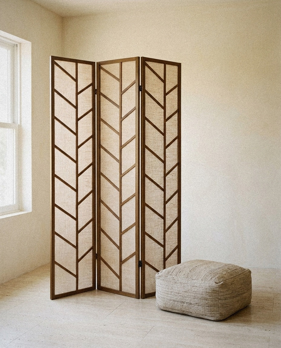 Mila 3-Panel Room Divider Folding Shoji Screen Walnut styled in a minimal, sunlit room