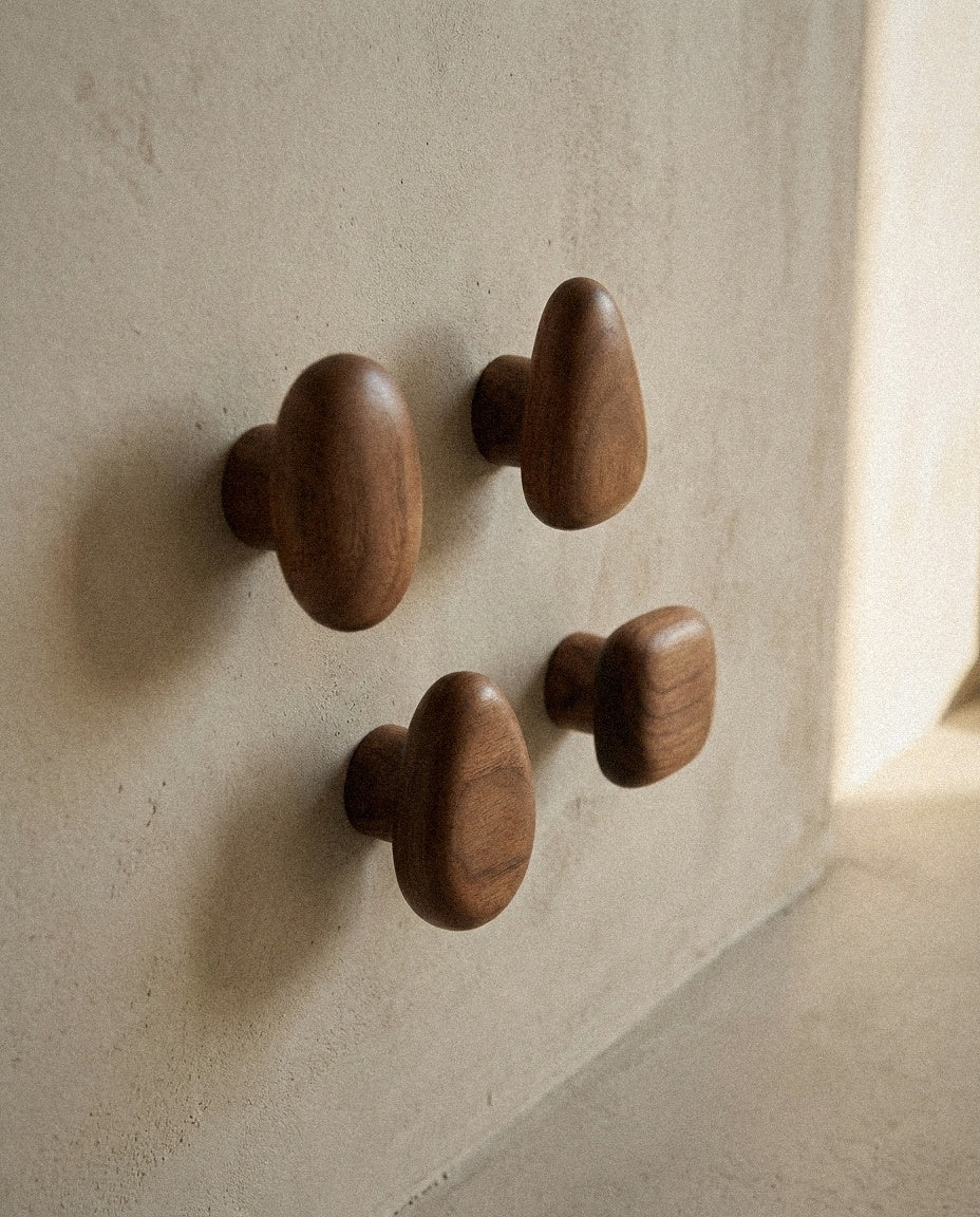 Close-up of Minimalist Wooden Pebble Wall Hook Set (4pcs) showing material and construction