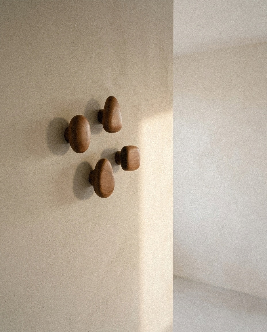 Minimalist Wooden Pebble Wall Hook Set (4pcs) in a light organic modern interior
