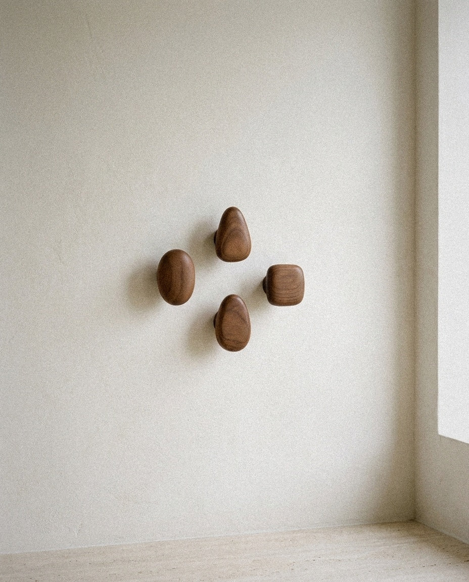 Minimalist Wooden Pebble Wall Hook Set (4pcs) in a light organic modern interior